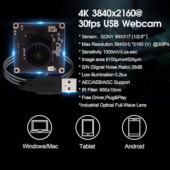 USB 4K Webcam Mini Camera Module avec 170 Degrees, Camera Web Ultra HD 2160P avec capteur IMX317 Aluminium Webcamera UVC Support, Plug & Play for Windows, Android, Mac, Linux