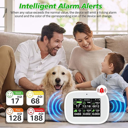 18-in-1 Smart Air Quality Monitor - Indoor WiFi Air Quality Detector with Dual Chip, Real-Time for AQI, CO2, PM2.5, PM1.0, PM10, TVOC, HCHO, Time, Temperature & Humidity with APP (White-Black)