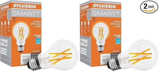 LEDVANCE Sylvania WiFi LED Smart A19 Light Bulb, 7.5W Efficient with Filament, for Alexa/Google Assistant, Energy Star, Clear, 2700K, Soft White - 2 Pack (75797)