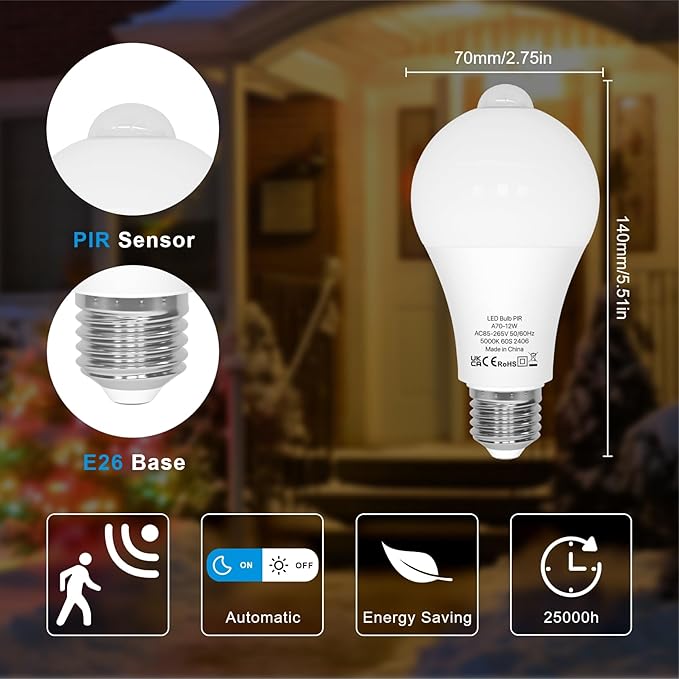 ORALUCE Motion Sensor Light Bulbs Indoor Outdoor 100 watt Equivalent, 12W Motion Activated Light Bulb 5000K Daylight, A19 E26 LED Light Bulb for Garage, Porch, Hallway, Stairs, Front Door, 2 Pack