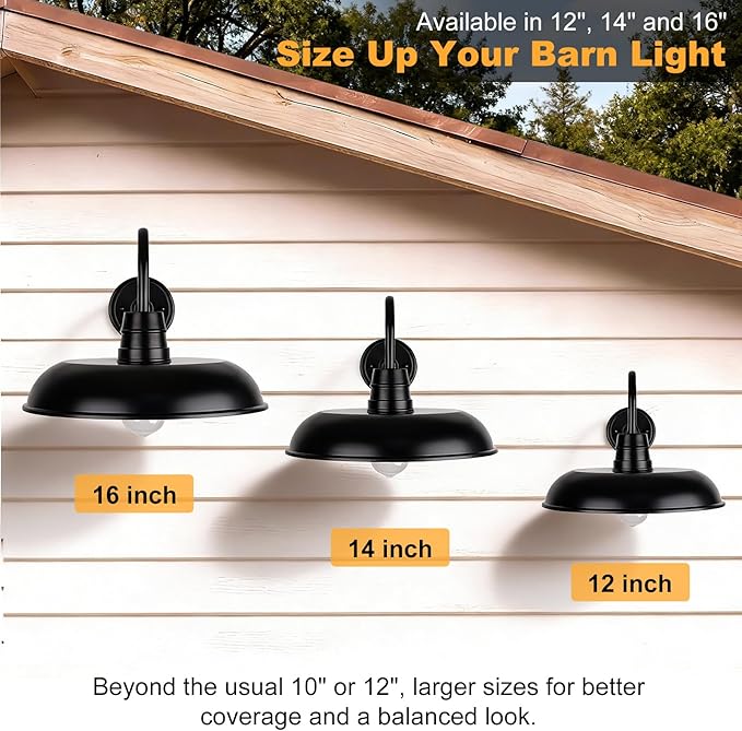 16 Inch Outdoor Gooseneck Barn Light, 2-Pack Extra Large Farmhouse Outdoor Wall Lights, Industrial Rustic Waterproof Stain Black Wall Mount Weather Resistant Exterior Lamp for Shed Barn Backyard