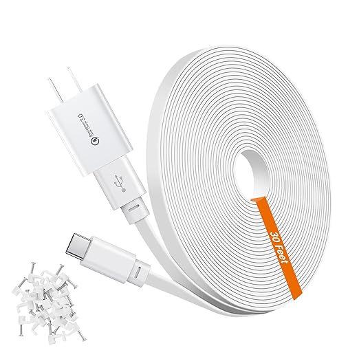 30ft Power Extension Cable for Tapo TP-Link 2K QHD C120 Security Camera - 9m USB C Long Flat Charging Cord with 18W Fast Charger, White