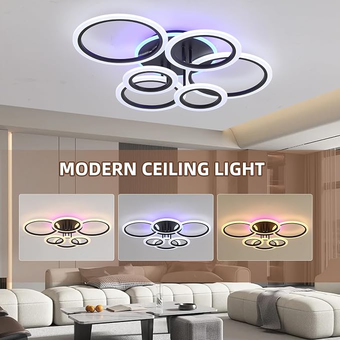 Modern LED Ceiling Light, 70W Dimmable Flush Mount, Black | 4200LM, Adjustable 3000-6000K, Remote Control for Living Room, Dining Room, Kitchen & Hallway