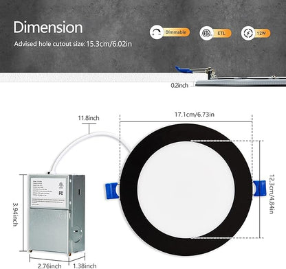 CycevSun 6 Pack Black Recessed Lights 6 Inch with Night Light, Canless Ultra Thin Wafer Downlight Indoor Outdoor Exterior Soffit, Dimmable & 5 Color Selectable, 12W, ETL Listed