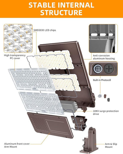 6 Pack 480V LED Parking Lot Light 320W/256W/192W 48000LM LED Shoebox Light with Photocell ETL Listed Flood Lights Arm & Slip Fit Mount 5000K IP65 AC277-480V for Street Roadway