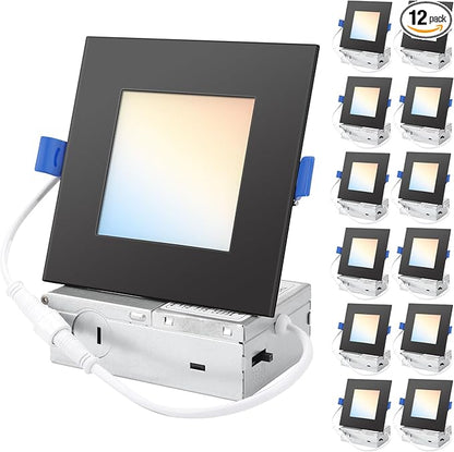 HONZIN 12 Pack 6 Inch Square LED Recessed Lighting, 5CCT Ultra-Thin LED Ceiling Lights, 2700K/3000K/3500K/4000K/5000K Selectable, 13W, IC Rated, Dimmable Black Square Trim with Junction Box