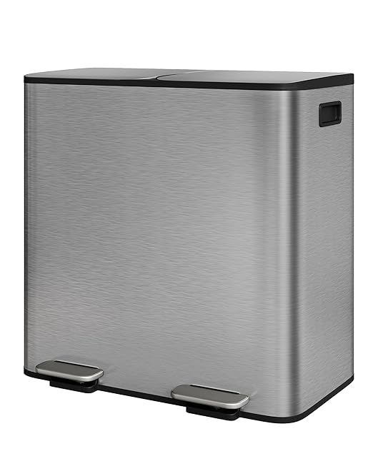 Garvee Double Trash Can, 2 x 10.6 gal (2 x 40 L) Garbage Can for Kitchen Dual Compartment Recycling Kitchen Step Trash Bin, Stainless Steel Trash and Recycle Bin Combo with Soft-Close Lid,Matte Grey