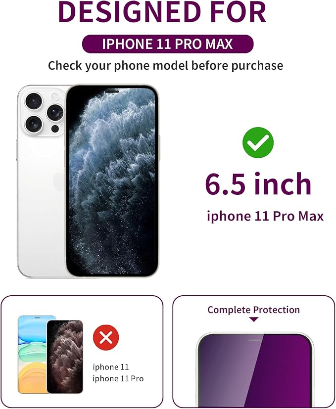2 Pack Privacy Screen Protector for iPhone 11 Pro Max/Xs Max Tempered Glass 6.5'' Private Saver Anti-Spy Eye Protection Anti-Scratch Full Coverage No Bubble