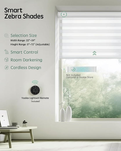 Yoolax Motorized Blinds with Remote, Electric Zebra Blinds for Indoor Windows, Room Darkening Smart Shades with Voice Control, Compatible with Alexa Google Home, APP Control, 38" W x 72" H, White