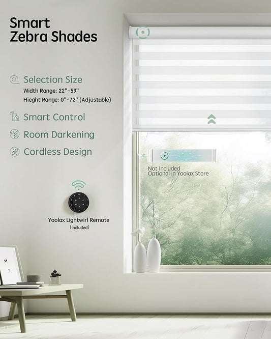 Yoolax Motorized Blinds with Remote, Electric Zebra Blinds for Indoor Windows, Room Darkening Smart Shades with Voice Control, Compatible with Alexa Google Home, APP Control, 34" W x 72" H, White
