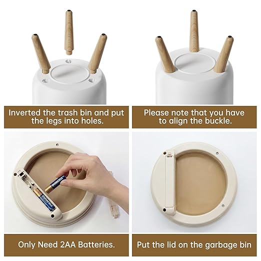 Motion Senor Bathroom Trash Can with Lid, 2.38 Gal Mini Garbage Can, Smart Automatic Touchless Open, Round Decorative Trashcan with legs and Wood Grain Top, for Kitchen Bedroom Office, Plastic, White