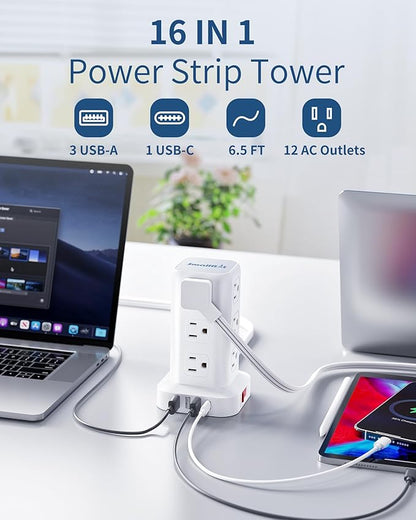 Extension Cord with Multiple Outlets, SMALLRT Flat Plug Surge Protector Power Strip Tower with USB 12 AC Outlets, 6.5FT Ultra Thin Extension Cord Outlet Extender for Home Office, Overload Protection
