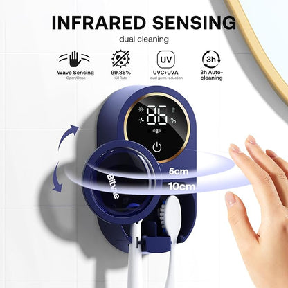 Bitvae Upgraded Tooth Brush Holder for Bathroom 2.0 Infrared Sensing | Toothbrush Cleaner, Wall-Mounted for Most Size Toothbrushes, Air Drying, LED Smart Screen, Navy Blue