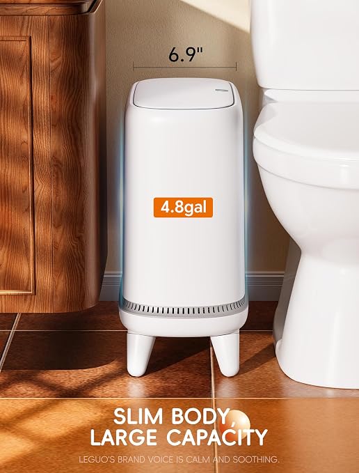 Dog Proof Small Bathroom Trash Can with Lid, Slim Press Top Garbage Can, Narrow White Plastic Waste Basket, for Bathroom Bedroom Office Raised Legs 4.8 Gal with 5 Roll 75 Trash Bags
