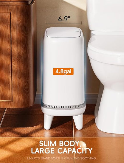 Dog Proof Small Bathroom Trash Can with Lid, Slim Press Top Garbage Can, Narrow White Plastic Waste Basket, for Bathroom Bedroom Office Raised Legs 4.8 Gal with 5 Roll 75 Trash Bags