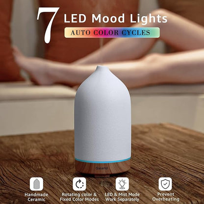 Gooamp 200ML Ceramic Essential Oil Diffuser (2 Pack) - Ultrasonic Aromatherapy & Humidifier with 7-Color LED Lights, Auto Shut-Off, Wood Grain Base, 1H/3H/6H Timer | Scent for Home, Office, Yoga