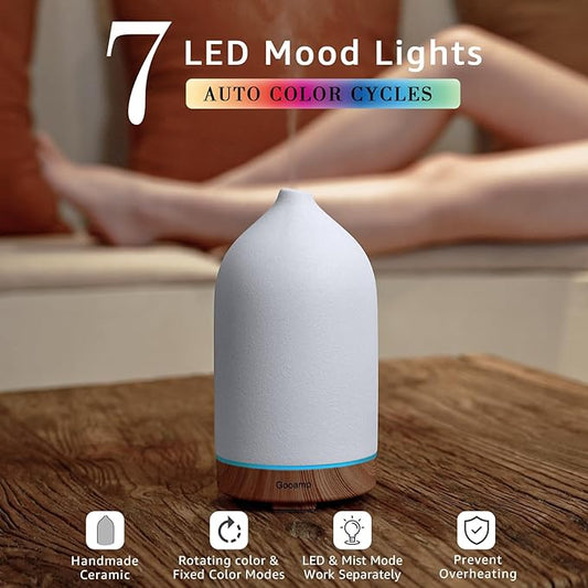 Gooamp 200ML Ceramic Essential Oil Diffuser (2 Pack) - Ultrasonic Aromatherapy & Humidifier with 7-Color LED Lights, Auto Shut-Off, Wood Grain Base, 1H/3H/6H Timer | Scent for Home, Office, Yoga