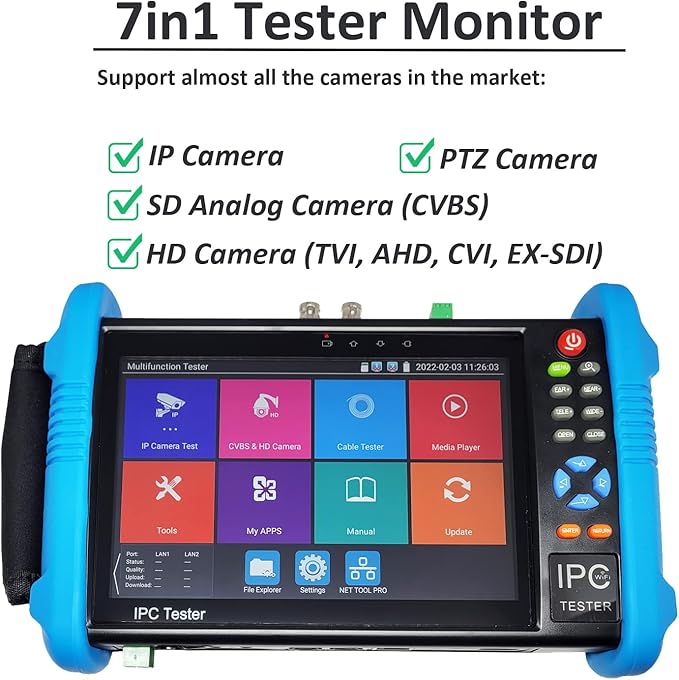 101AV IPS Touch Screen Security CCTV 7” 7in1 Test Monitor Support IP cam, Standard Analog Camera (CVBS) & HD TVI/AHD/CVI Camera up to 8MP