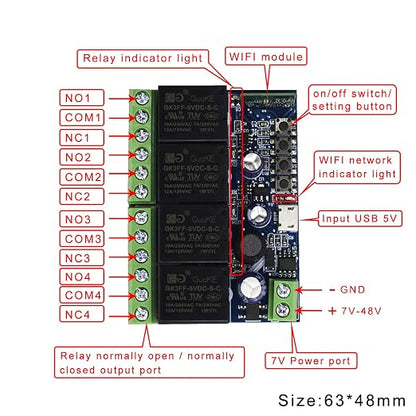 Ewelink WiFi Wireless Smart Relay Module DC 7V 12V 24V 36V 48V 4 Channel Inching Self-Lock Latched Dry Contact Remote Switch for Motor, Compatible with Alexa Google Home(2PCS 4CH)