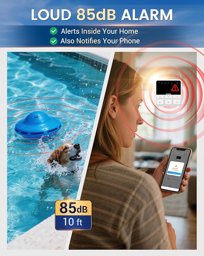 Smart Pool Alarm with App for Inground & Above Ground Pools, Adjustable Sensitivity Water Detection Alarm up to 20x40ft, 85dB+ Safety Alerts for Kids, Pets & Accidental Entry(Blue)