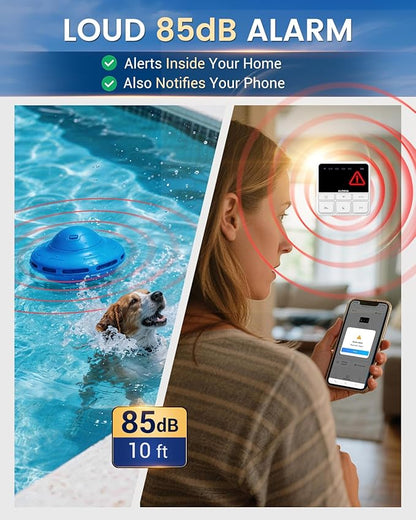 Smart Pool Alarm with App for Inground & Above Ground Pools, Adjustable Sensitivity Water Detection Alarm up to 20x40ft, 85dB+ Safety Alerts for Kids, Pets & Accidental Entry(Blue)