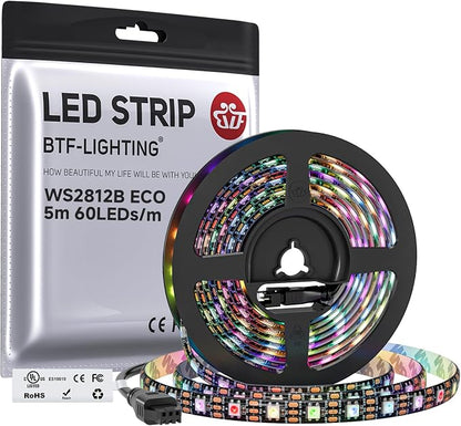 BTF-LIGHTING WS2812B ECO RGB LED Strip,UL Listed,Individually Addressable,16.4FT 60LED/m 300Pixel DC5V 5050SMD,Alloy Wire Flexible 3M Tape for DIY Chasing Color Project IP65(No Adapter or Controller)