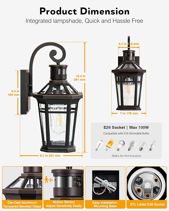 Motion Sensor Porch Lights Outdoor Wall Mount, Oil Rubbed Bronze Exterior Wall Sconce Lantern with E26 Socket, Waterproof Dusk to Dawn Outdoor Lighting Fixtures, Coach Lights for Garage, Patio