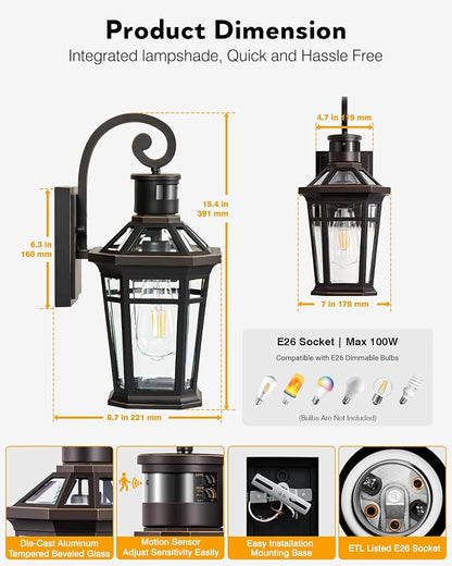 Motion Sensor Porch Lights Outdoor Wall Mount, Oil Rubbed Bronze Exterior Wall Sconce Lantern with E26 Socket, Waterproof Dusk to Dawn Outdoor Lighting Fixtures, Coach Lights for Garage, Patio