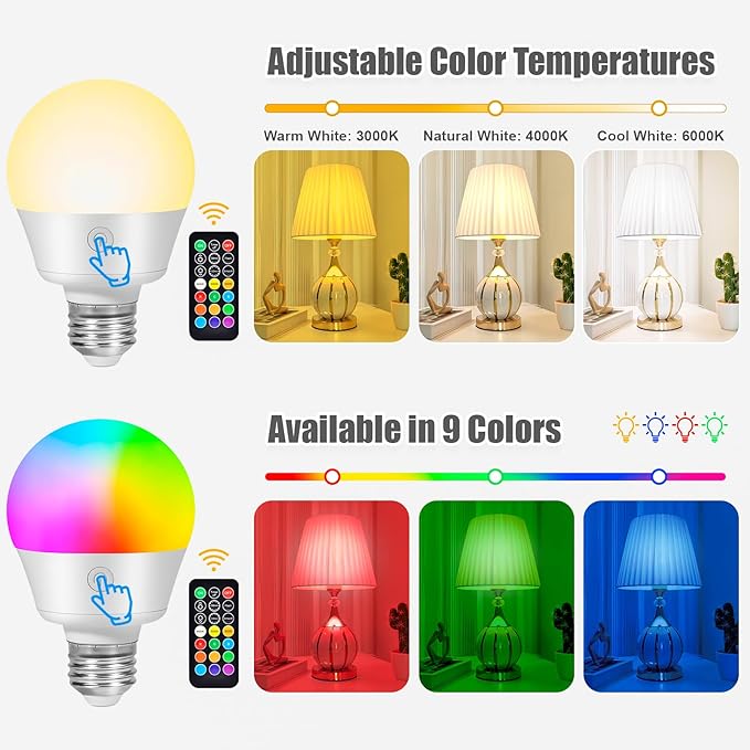 Lampelc E26 Battery-Operated Rechargeable Light Bulbs with Remote and Timer for Lamps, Sconces, and Non-Hardwired Fixture, 3 Color Temperatures + 9 RGB Colors, Detachable Charging – 2 Pack