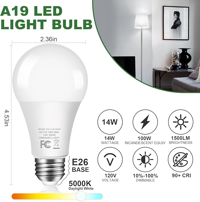 LED Light Bulbs 100W Equivalent 5000K Daylight, Dimmable A19 14W 1500LM Bright Bulbs With E26 Standard Medium Base for Home Kitchen Bedroom Office Indoor, No Flicker, 12 Packs