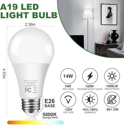 14W 1500LM Dimmable LED Light Bulbs 100 Watt Equivalent Bright A19 LED Bulbs with E26 Medium Base Daylight White 5000K CRI 90+ for Home Office Bedroom Kitchen, 10 Packs