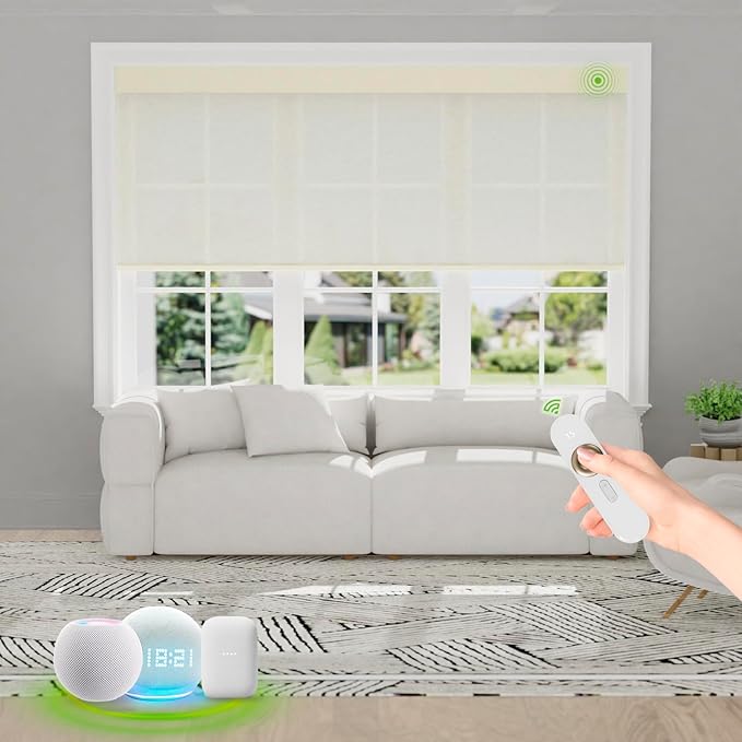Motorized Blinds with Remote [Light Filtering] Smart Blinds Compatible with Alexa Google HomeKit, 80% Blackout Automatic Roller Shades for Indoor Windows, Customized Size, Mesh Beige