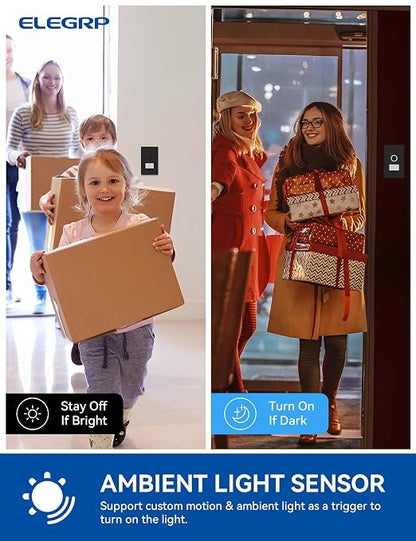 ELEGRP Smart Motion Sensor Switch, 2.4GHz Wi-Fi 3 Way Light Switch Compatible with Alexa & Google Assistant, APP Remote Control, Neutral Wire Required, UL Certified, No Hub Required (Black, 1 Pack)