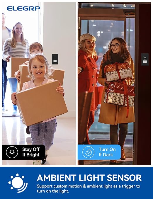 ELEGRP Smart Motion Sensor Switch, 2.4GHz Wi-Fi Single Pole Light Switch Works with Alexa & Google Assistant, APP Remote Control, Neutral Wire Required, UL Certified, No Hub Required (Black, 2 Pack)