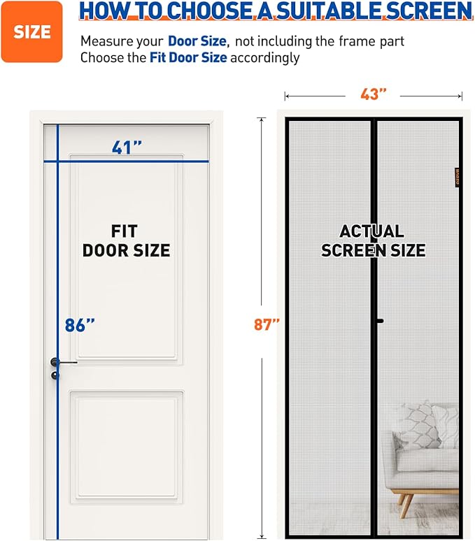 MAGZO Magnetic Screen Door Fit Door Size 41 x 86 Inch, Screen Size 43" x 87" Strong Magnets Mesh, Reinforced Fiberglass Net for Patio and Front Entrances, Gray
