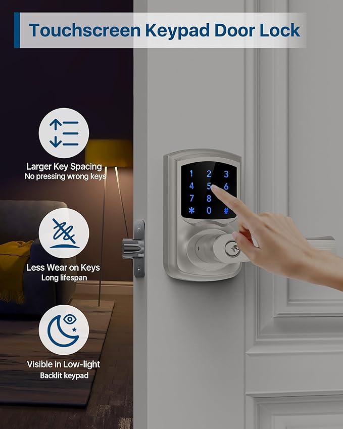 HIDALIFE Keyless Entry Door Lock, Electronic Keypad Door-Lock with Handle, Touchscreen, Auto-Locking, Anti-peep Password, Easy to Install for Front Door, Home, Office, Satin Nickel