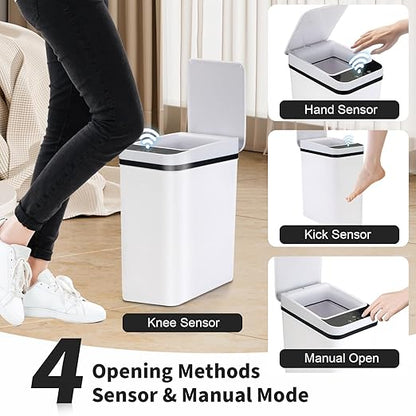3 Pack Bathroom Trash Can with Lid, 2.5 Gallon Small Slim Trashcan, Automatic Trash Can Touchless, Motion Sensor Waterproof Plastic Trash Bin for Bedroom Kitchen Office Living Room (Black+Gray+White)
