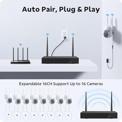Wireless Security Camera System, CAMCAMP 24/7 Recording Security Cameras Wireless Outdoor 16CH NVR PTZ View 2.4G& 5G WiFi Auto Human Tracking Smart Color Night Vision for Home CCTV Surveillance Kit(8)
