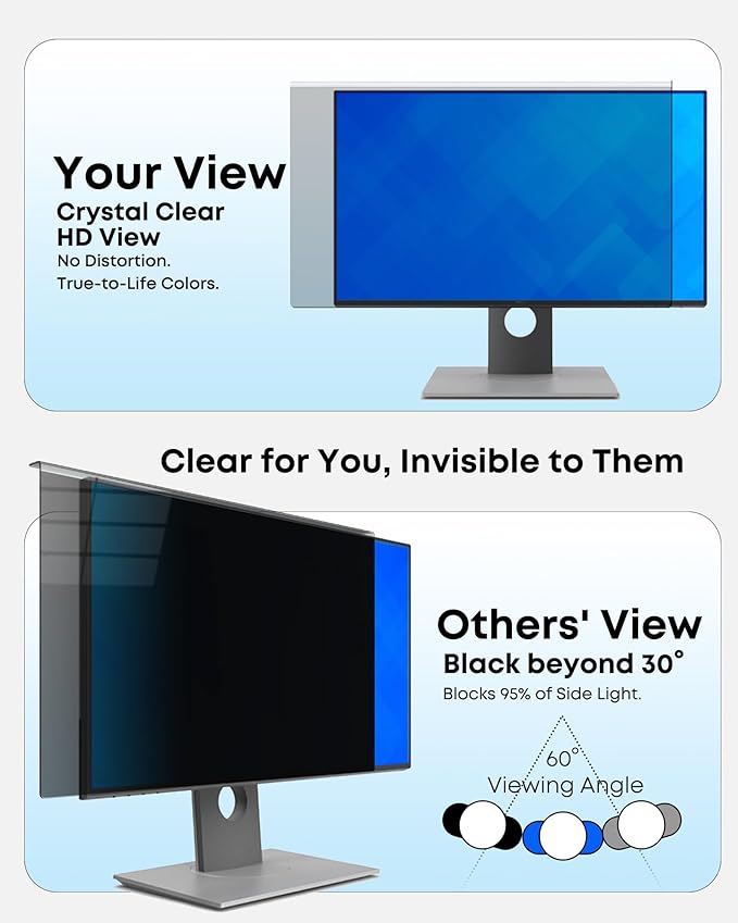 2-Pack 24 Inch Hanging Privacy Screen Protector for Monitor (Fits 23-24 Inch Frameless), 30°+ Full Privacy & 95% Light Blocking, Instant Setup, 87% Blue Light & 97% UV Block, Office Data Security & Eye Protection