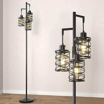 Oneach 70" Industrial Floor Lamp, Stepless Dimmable Standing Lamp with 3 Bulbs, Farmhouse Corner Standing Tree Lamp for Living Room, Tall Lamps for Bedroom, Office, Study Room, Dining Room, Black