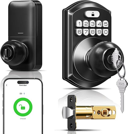 TEEHO TE018 Smart Door Knob with Keypad, App Control, Keyless Entry Digtal Door Lock with Handle, Remote Share One-Time Code, Auto Lock, Easy Installation for Front Door, Bedroom, Rental, Matte Black