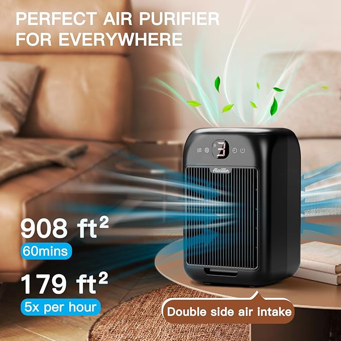 Aircillin 2-Pack Air Purifiers for Home Large Room Up to 908 Sq Ft Each One, HEPA Air Purifiers for Bedroom with Aromatherapy, HEPA Filter for Smoke, Pet Dander, 99.9% of 0.1 Microns Particles Black