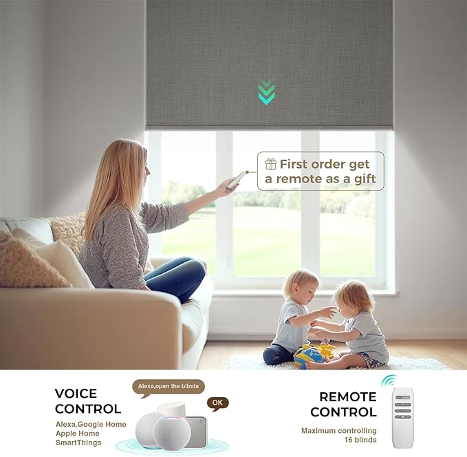 HeyBlinds Motorized Blinds with Remote, 100% Blackout Smart Blinds, Automatic Shades for Windows Compatible with Alexa Google and Homekit, Custom Size(Manner-Cement Grey BO)