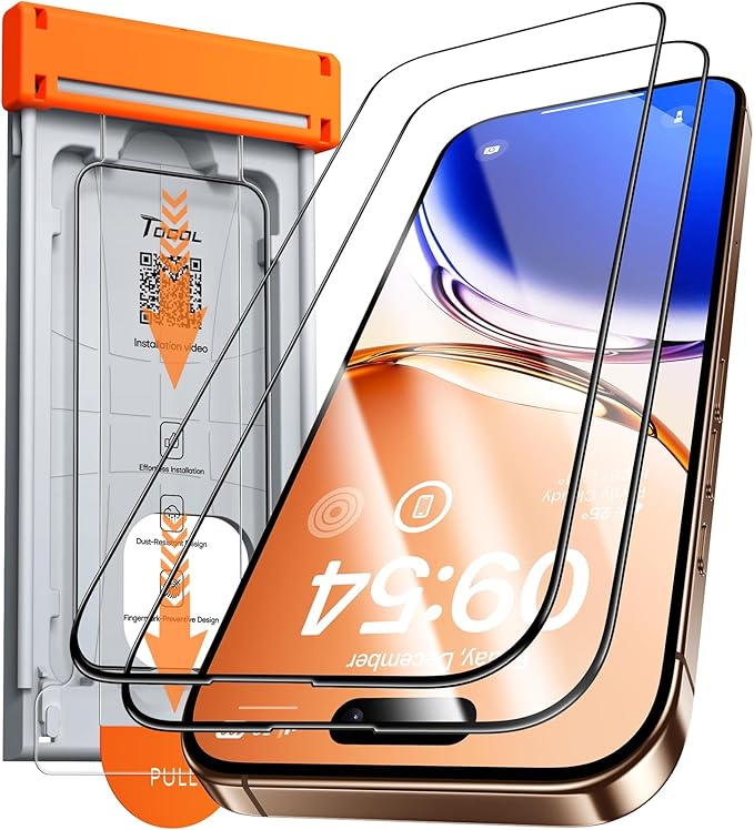 TOCOL for iPhone 16 Pro Screen Protector Zero Bubble Auto-Dust Removal 9H+ Hardness Tempered Glass for Full Coverage Easy Installation 6.3-Inch 2 Pack