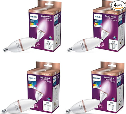 Philips Smart 40W B12 Color LED Smart Candle-Shaped Bulb 4-Pack- E26- Indoor - Connects to Your Existing Wi-Fi - Control with Voice or App + Activate with Motion - Matter Compatible