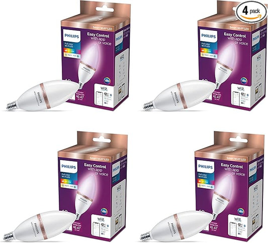 Philips Smart 40W B12 Color LED Smart Candle-Shaped Bulb 4-Pack- E26- Indoor - Connects to Your Existing Wi-Fi - Control with Voice or App + Activate with Motion - Matter Compatible