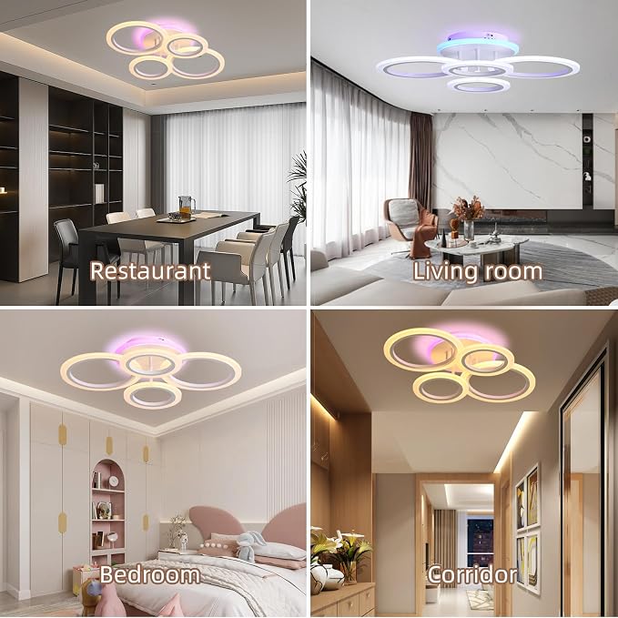 Modern LED Ceiling Light, 50W Dimmable Flush Mount, Remote, White | 3000-6000K Adjustable Color Temperature, Flicker-Free Lighting, 4 Rings Design for Kitchen, Dining Room, Hallway & Entrywa