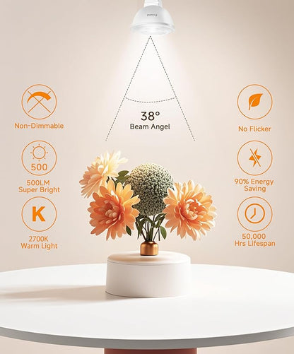 MR16 LED Bulbs, 50W Halogen Replacement, 2700K Warm White, Not Dimmable GU5.3 Bipin Base, 5W 12V Landscape Recessed Lighting Bulbs,6-Pack