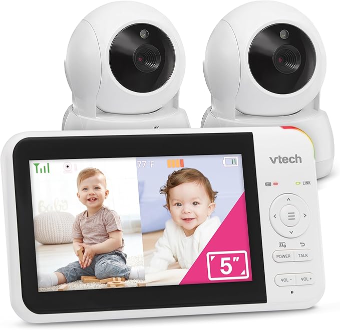 VTech VM924-2 5" Pan Tilt Zoom Video Baby Monitor with 2 Cameras – No WiFi, 17Hr Battery, 1000ft Range, Night Vision, Lullabies & Temperature Sensor – Ideal for New Parents & Twins