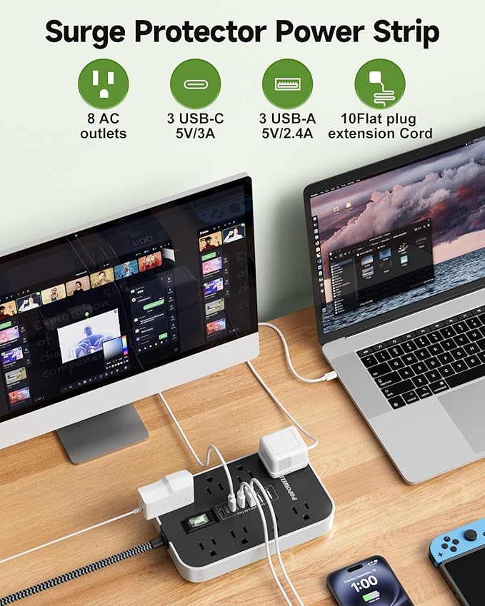 10 FT Extension Cord- Power Strip Surge Protector with 8 AC Outlet& 6 USB Ports(3 USB C) Charging Block, Ultra Thin Flat Extension Cord 10 Feet Wall Amount for Home, Office, Dorm Essentials.